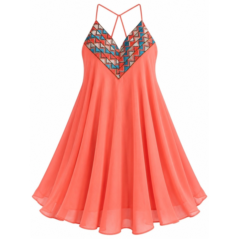 Coral Orange Embroidered Halter Mini Dress Boho Chiffon Babydoll Small